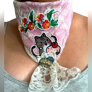 Bandana Neck Scarf OOAK Handmade With Embroidered patch Flowers, Kitty and Lace